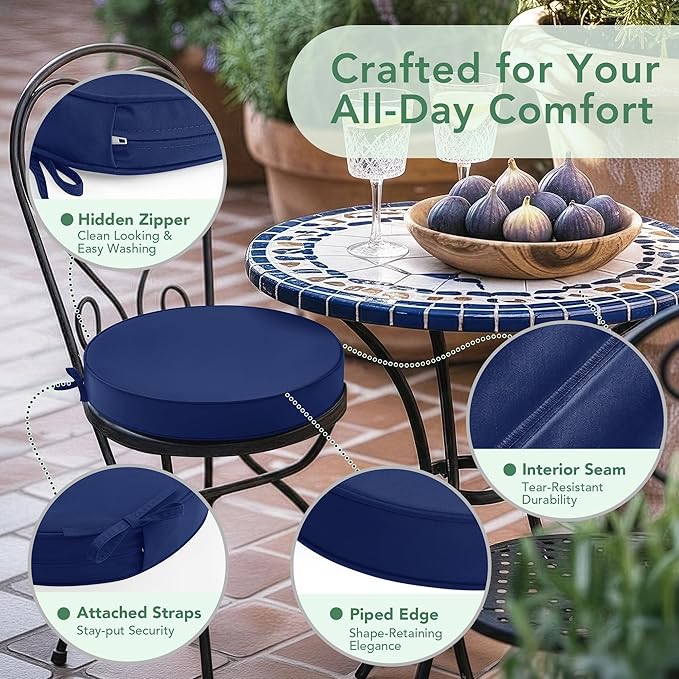 Outdoor Bistro Chair Cushions Set of 4, 15" D x 3" H Round Chair Cushions Waterproof and Fade Resistant Chair Cushion Pads with Non-Slip Ties and Removable Covers for Garden, Navy Blue
