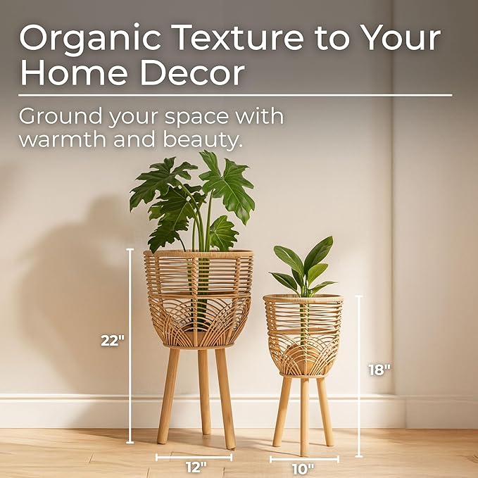 Set of 2 Rattan Planters with Wooden Stands – Boho Home Decor Woven Plant Pots with Natural Rustic Style – Indoor & Outdoor Floor Planters for Living Room, Bedroom, or Garden – 18" & 22", Brown