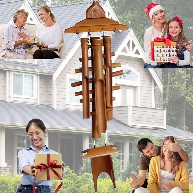 Bellaa 26416 Fish Wind Chimes for Outside, Bamboo, Wood, Brown, 30 Inch, Tuned, Relaxing Sound, Country Style, Handmade, Windchime Outdoor, Garden, Patio, Decor