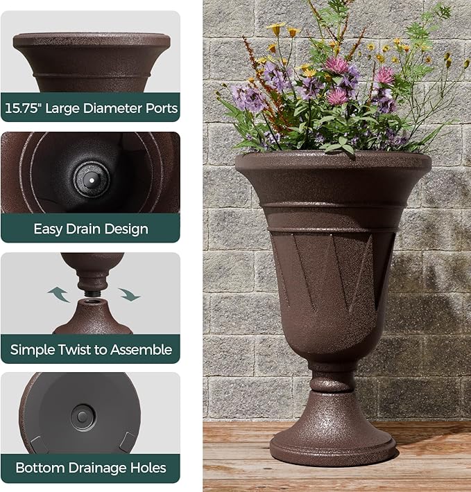 23.6" Tall Plastic Urn Planters for Outdoor Plants, Set of 2 Heavy-Duty Classic Indoor Large Flower Pots with Drainage Holes & Trophy Design, Outdoor Planters for Porch, Home Garden, Brown