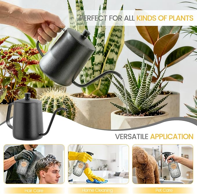 Watering Can Indoor Plants, 20 oz Metal Mini Indoor Watering Can with Long Spout for Houseplants, 13.5 oz Glass Plant Mister Spray Bottle for Bonsai Garden Flower Seedlings (Black/Grey)