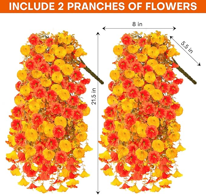 2PCS Artificial Hanging Flowers Outdoors Fake mums Plants Garden Home Decoration Fall Decor Morning Glory for Outside Planter Front Porch Patio Indoor Home Wedding Garden Porch Window Decoration