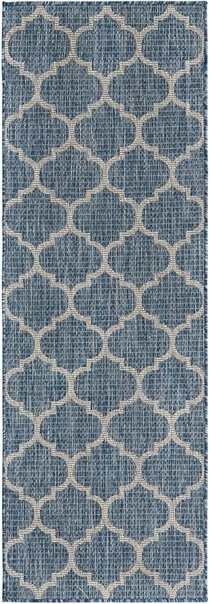Unique Loom Outdoor Trellis Collection Area Rug (2' x 6' 1" Runner, Navy Blue/ Ivory)