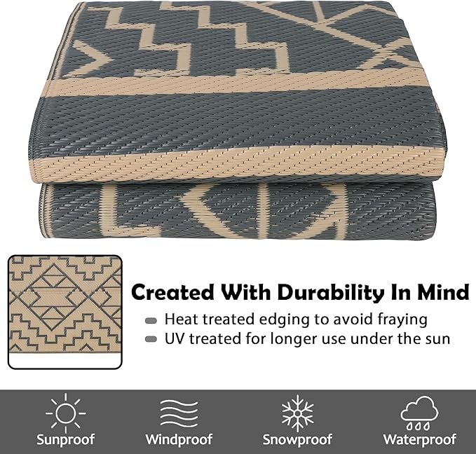SAND MINE Reversible Mats, Plastic Straw Rug, Modern Area Rug, Large Floor Mat and Rug for Outdoors, RV, Patio, Backyard, Deck, Picnic, Beach, Trailer, Camping (5' x 8', Grey & Tan)