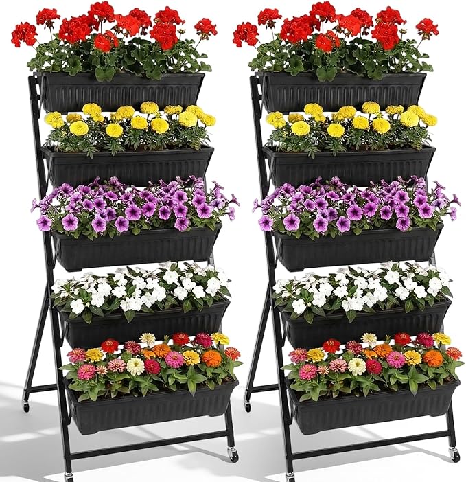 2 Set 4.5 ft Vertical Garden Planter with Lockable Wheels 5 Tier Removable Raised Bed Box for Outdoor Herb Vegetable and Flower Growing Includes Gloves and Screwdriver(Black)