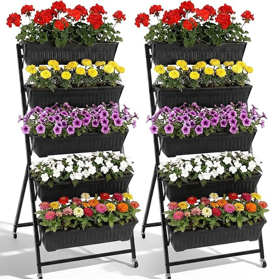 2 Set 4.5 ft Vertical Garden Planter with Lockable Wheels 5 Tier Removable Raised Bed Box for Outdoor Herb Vegetable and Flower Growing Includes Gloves and Screwdriver(Black)