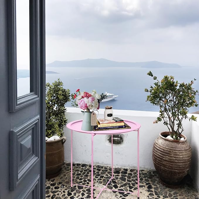Garden 4 you End Table Metal Side Table Pink Round Folding Tray Cyan Sofa Small Accent Fold-able Table, Round End Table Tray, Next to Sofa Table, Snack Table for Living Room and Bed Room