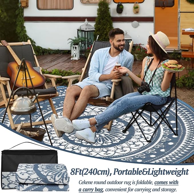 Cekene Round Outdoor Patio Rugs 8Ft Waterproof Reversible Outdoor Rugs with Carry Bags Lightweight Plastic Straw Rugs Portable RV Camping Mat Blue Floor Carpet for Deck Porch Picnic BBQ