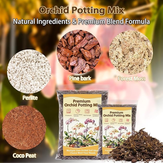 Orchid Potting Mix, Premium Orchid Soil for Repotting with Natural Pine Bark, Perlite, Coco Peat and Moss, Well-Draining Orchid Mix for Indoor Plant, Orchid, Succulents - 1QT