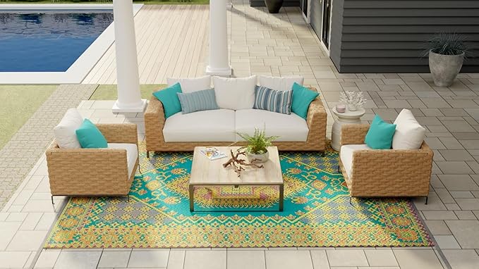 Mad Mats Traditional Outdoor Rug, Reversible Plastic Mat (5' x 8', Oriental Turkish - Aqua) for Patio, Porch, Poolside, Mudroom, Camping, RV, Deck