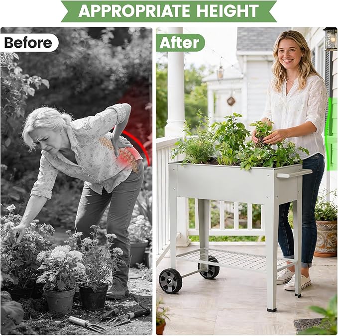 Tall Raised Garden Bed Outdoor with Wheels, Metal Elevated Raised Planter Box with Drainage Holes for Vegetables, Flower, Herbs(Grey)
