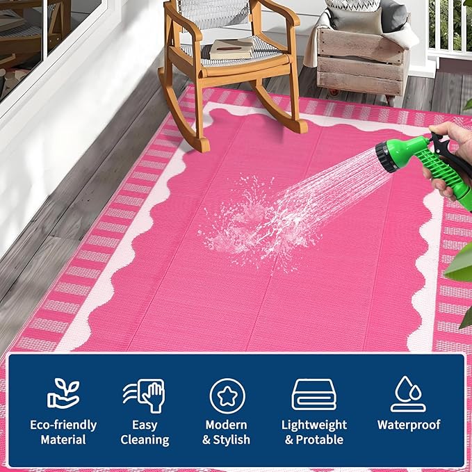 9x12 Outdoor Rug Waterproof Foldable Plastic Straw Carpet for Patio Porch Scalloped Border Reversible Mat Lightweight Floor Mat for Picnic, Backyard, Rv, Beach, Camper, Balcony，Rose Pink