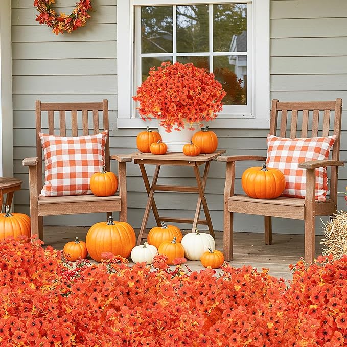 24 Bundles Artificial Fall Flowers Outdoor UV Resistant Fake Mums Bulk Outdoor Faux Mums Plants Plastic Flower Decorations for Home Garden Porch Hanging Planter Vase Autumn Decor Outside, Orange