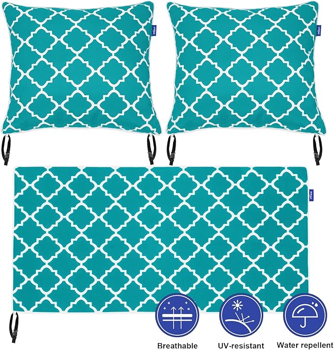 Outdoor Loveseat Cushion Set 44''x24'', Outdoor Cushions for Patio Furniture with Fastness Cover, Water Repellent Outdoor Seat Cushion and Couch Back Cushions for Bench, Swing (Aqua Plaid, 2 Sets)