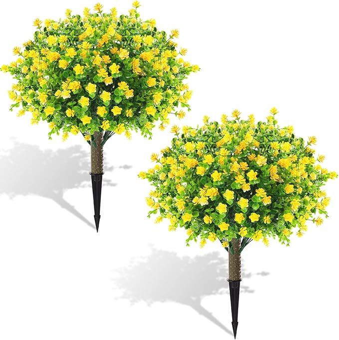 Yunlly 2 Pcs Outdoor Artificial Topiary Ball Trees 22" with Colorful Flowers, Boxwood Fake Bushes Shrubs with Spike, UV Resistant Evergreen Plants for Front Porch Garden Decor (Yellow)