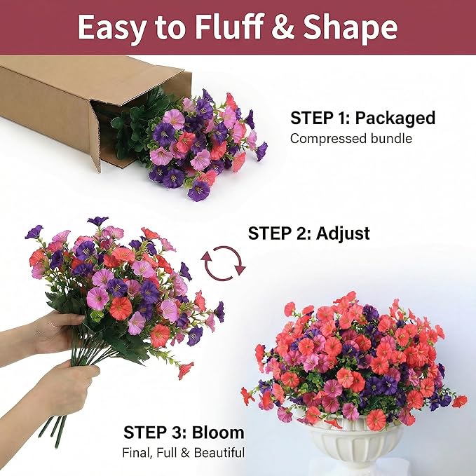 12Pcs Artificial Outdoor Flowers for Outdoors, Faux Silk Realistic Morning Glory Floral Arrangement Planter UV Resistant for Porch Patio Window Box Balcony Garden Decor (12pcs Purple Fuchsia)