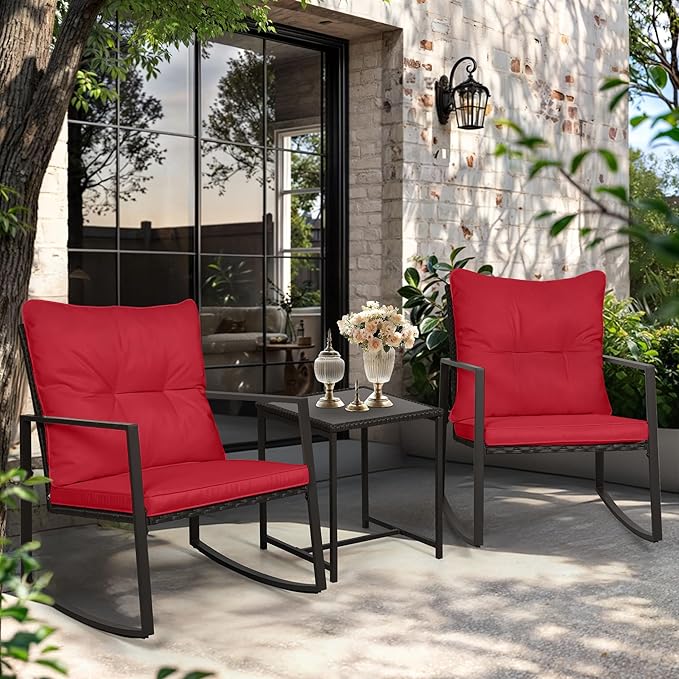 SUNCROWN 3 Piece Outdoor Rocking Bistro Set Black Wicker Furniture Porch Chairs Conversation Sets with Glass Coffee Table, Red