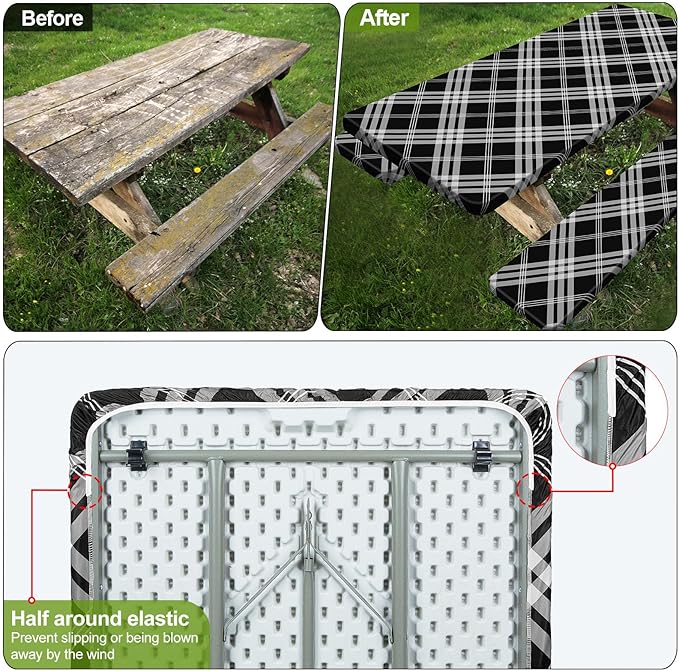 Picnic Table Cover with Bench Covers 6FT 3 Pcs Waterproof Windproof Aesthetic Camping Tablecloth with Drawstring Bag, Fitted for 6 Foot Rectangle Tables and Seats, 72 inch, Black Grey Checkered