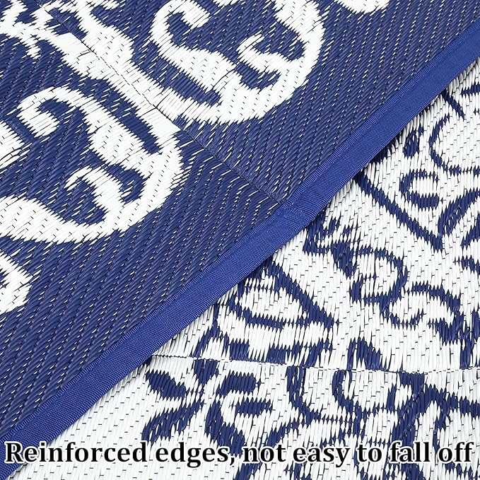 GAOMON Outdoor Rug Waterproof 9x12 Durable Indoor Outdoor RV Mat, Reversible Camping Carpet, Foldable Plastic Straw Rug for Patio, Porch, Deck, Balcony, Beach, Navy/White(Medallion)