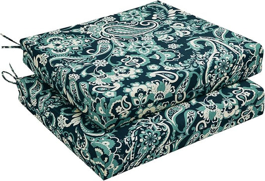 downluxe Outdoor Chair Cushions Set of 2 for Patio Furniture, Water-Resistant Square Corner Patio Chair Cushions with Ties, High Density Foam Outdoor Seat Cushion, 18.5" X 16" X 3", Green Paramecium