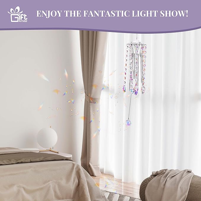 Crystal Suncatcher Wind Chimes with 4 Tuned Tubes, Hanging Prism Rainbow Maker Chandelier Crystal Pendant Wind Chime Window Hanging Ornament Gift for Women Friends Home Garden Decor Birthday