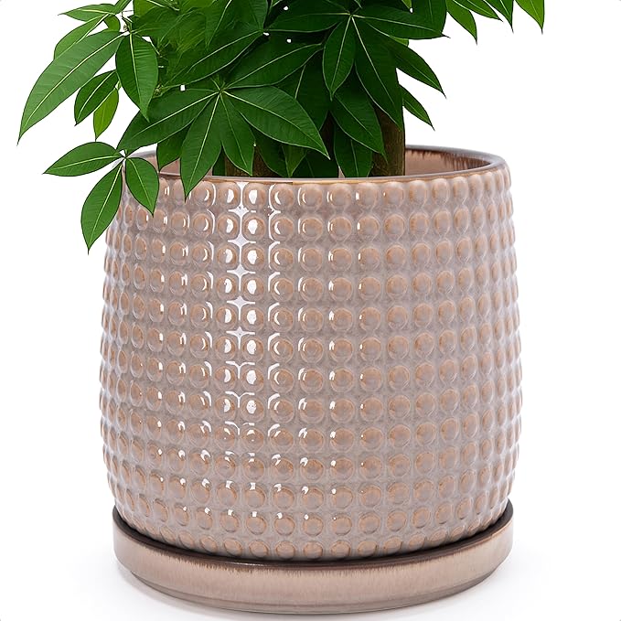 D'vine Dev 10 Inch Ceramic Beaded Stoneware Planter Pot - Flower Pot with Drainage Holes and Saucers for Indoor Succulent Plants or Flowers, Light Brown, 27-C-P-4