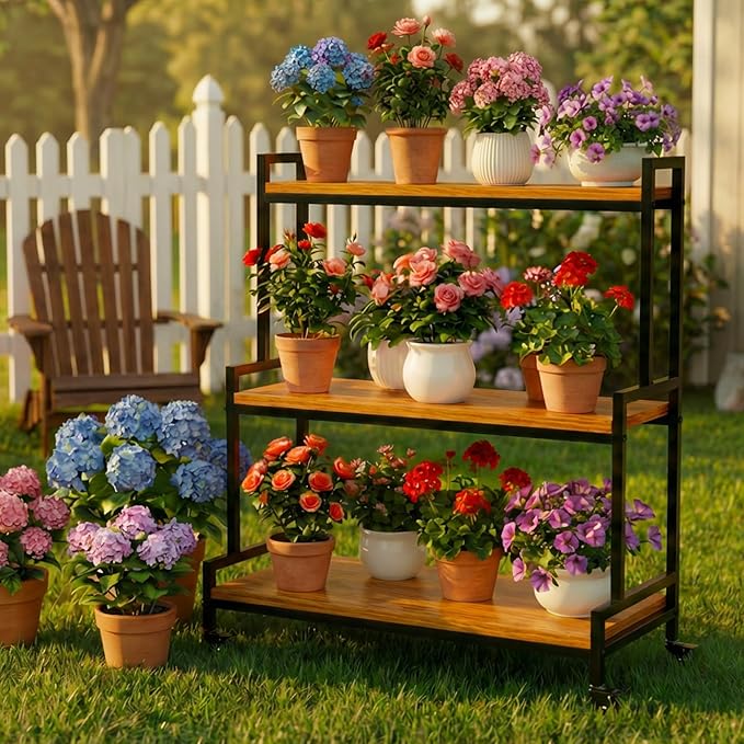 Flower Cart Display Stand with Wheels - Solid Wooden Plant Stand Shelf Outdoor - 3 Tier Patio Rolling Flower Stand - Ladder Folwer Holder Stand 37''x31'' for Florist, Garden, Wedding, Living Room, Burnt Yellow