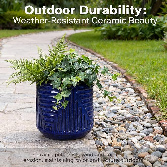 16 Inch Large Ceramic Planters for Indoor Plants, Outdoor Garden Plant Pots with Drainage Hole, 16" Round Decorative Pot for Patio, Floor, Home Decor - Dark Blue