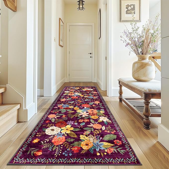 Rug for Hallways Kitchen Rug 3x7, Non Slip Washable Rugs with Rubber Backing Soft Floral Carpet Runner for Hallways, Kitchen, Laundry, Bedroom, Bathroom(3 x 7, Purple Lawn)