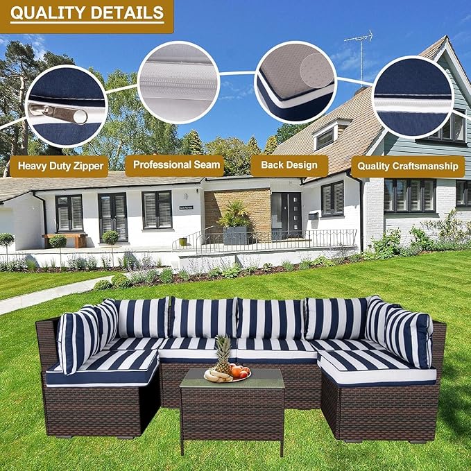14 Piece Outdoor Patio Cushion Cover Replacement, Waterproof Patio Cushion Covers, Outdoor Furniture Cushion Covers Set for 6 Seat Wicker Rattan Sofa (Blue+White Stripe)