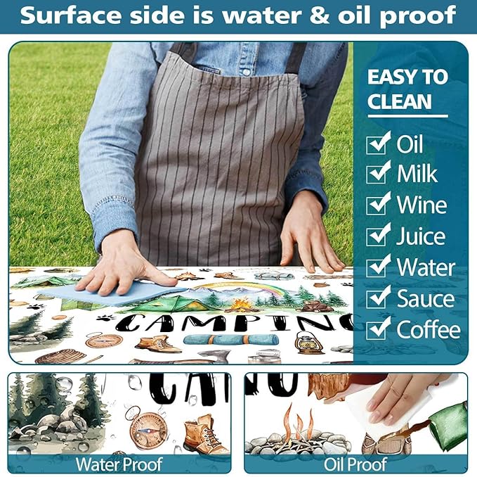 Picnic Table Cover with Bench Covers, Happy Camper RV Camping Tablecloth Fitted Picnic Picnic Table Cover with Elastic Windproof Waterproof, Outdoor & Garden Camping Accessories Essentials, 72in