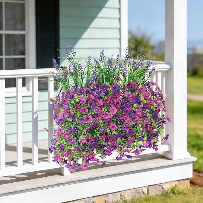 Artificial Fake Hanging Flowers Plants for Outdoor Outside Decoration, Faux Silk Daisy Flower Realistic UV Resistant for Front Porch Patio Balcony Garden Yard Indoor Planter Home Decor(Purple)