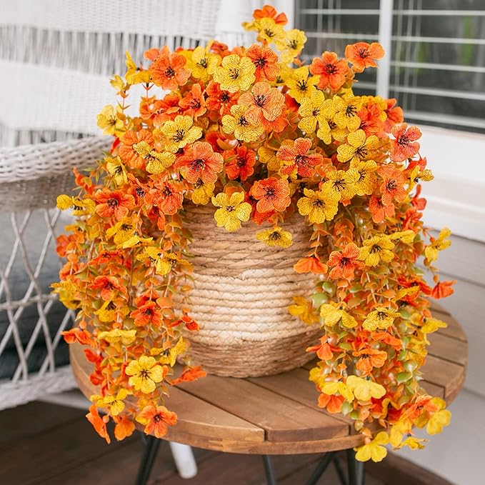 HyeFlora Artificial Flowers for Fall Outdoors Decoration, 2Pcs Fake Fall Light Orange & Yellow Hanging Flowers, Faux Autumn Decor for Porch Patio Balcony Planter, Realistic Arrangement