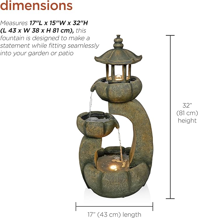 Alpine Corporation 32" Tall 2-Layer Pagoda Polystone Fountain with LED Lights, Cascading Waterfall, Outdoor Garden and Patio Water Feature, Zen Decor, Relaxing Sound, Brown