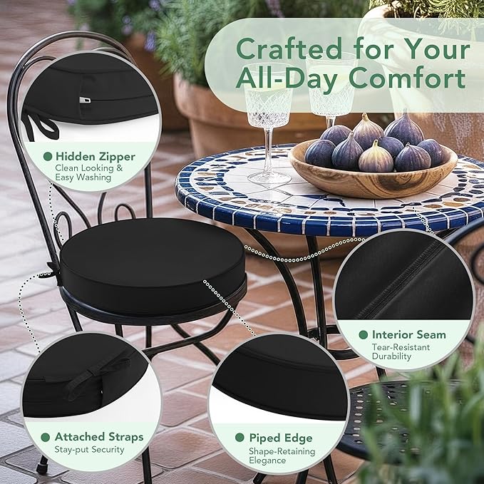 Outdoor Bistro Chair Cushions Set of 2, 15" D x 3" H Round Chair Cushions Waterproof and Fade Resistant Chair Cushion Pads with Non-Slip Ties and Removable Covers for Garden, Black