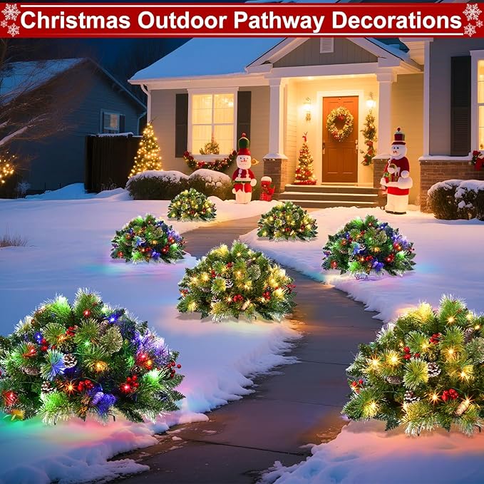8 Modes&Timer -2 Pack 24" Lighted Christmas Tree Outdoor Urn Filler with Warm White & Multi-Color Change Lights Snowy Pinecone Berries Tripod Stake Xmas Trees Planter Filler Christmas Decor Yard Porch