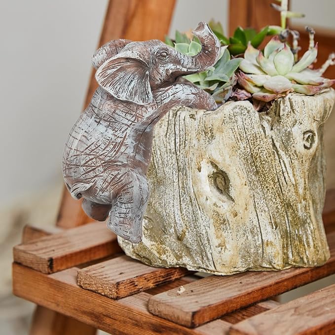 HPMAISON Climbing Elephant Plant Decorations for Pots Planter Flower Pot Hugger Resin Elephant Statue Garden Figurine for Fence Yard Lawn Outdoor Ornaments Office Decorations