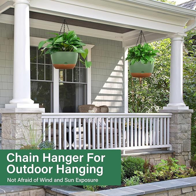 Hanging Planters for Indoor Plants, 2 Pack 10 Inch Self Watering Hanging Pots for Plants with Drainage Holes, Indoor Outdoor Hanging Flower Pots for Home Garden Ceiling Decor (Green)