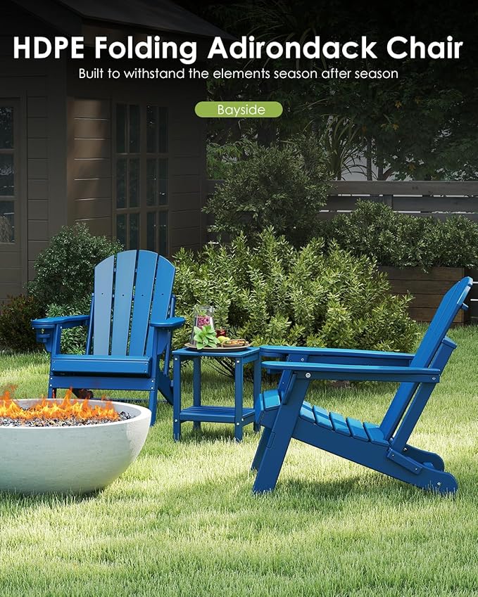 GREENVINES Folding-Adirondack-Chair | HDPE Plastic | Fire Pit Chairs | All Weather | Cup Holder | Blue | for Deck Backyard Patio Outdoor Garden