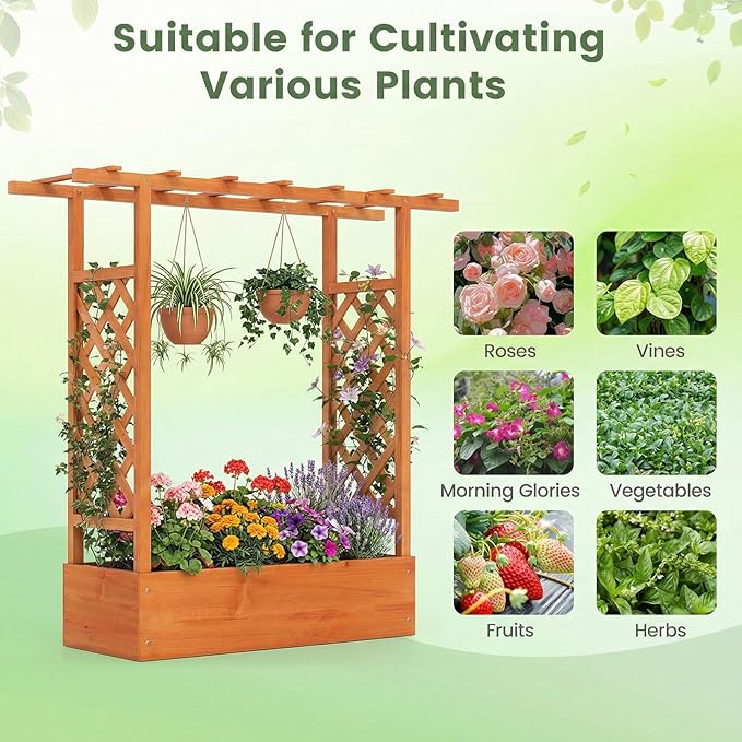Raised Garden Bed with Trellis, Wood Planter Box w/Trellis, Hanging Roof, Drainage Holes, Freestanding Planter Raised Bed for Outdoor Climbing Plants Flowers, Patio Yard Balcony (2, Orange)