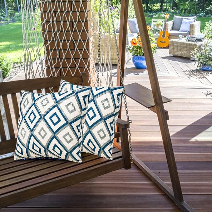 JMGBird Outdoor Pillows Set of 2 with Inserts - 18x18 Waterproof Throw Pillows for Patio Furniture, White Diamond Pattern Decorative Cushions for Deck Garden