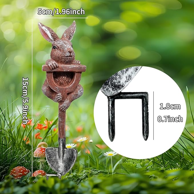 Bunny Garden Statue Resin Bunny Figurine on Shovel Rabbit Planter Outdoor Fairy Garden Yard Lawn Decoration Whimsical Plant Pots Stake Miniature Bunnies Sculpture Housewarming Gift Easter Ornament