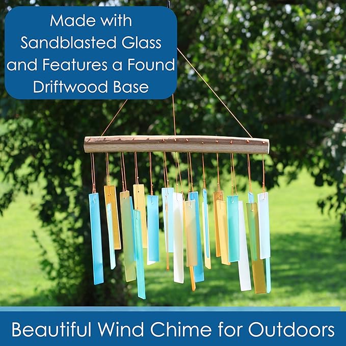 Blue Handworks Caribbean Beach Glass and Driftwood Chime - Sandblasted Glass and Found Wood Hand Crafted Wind Chime