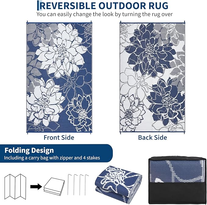 Waterproof Plastic Straw Rug 8x10 Reversible Outdoor Rug, Weather Resistant Outside Carpet, Portable RV Camping Mat with Carry Bag & Stakes for Patio Porch Garden Yard, Dark Blue