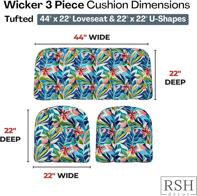 RSH DECOR: 3-Piece Wicker Tufted Cushion Set | 44" x 22" Loveseat & 22" x 22" U-Shapes | Outdoor Replacement Cushions | Water & Fade-Resistant Spun Fabric | Made in USA (SOMAP Multi)