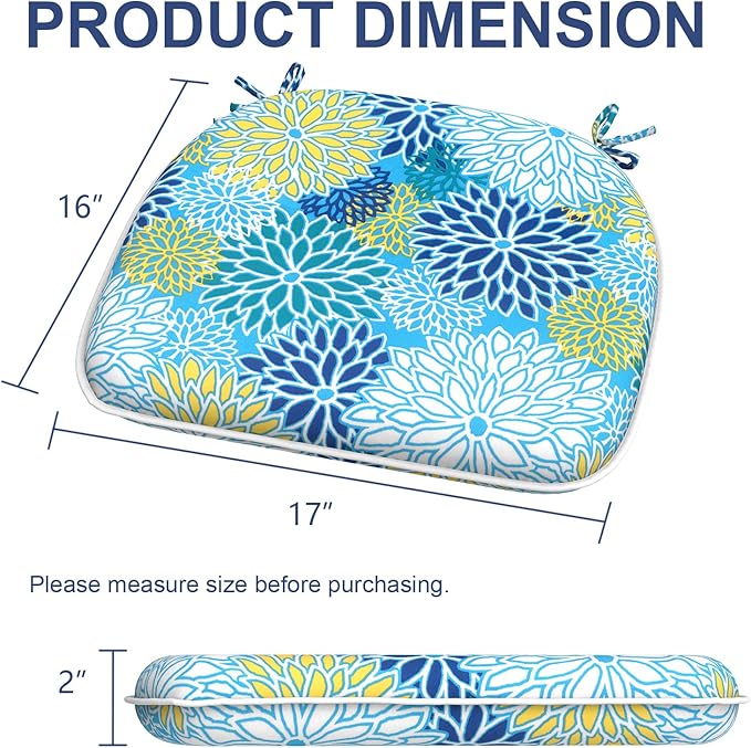 Outdoor Chair Cushions Set of 4, Water Resistant Patio Chair Pads with Ties, Seat Cushions for Home Garden Furniture Decoration, 16"x17", Dahlia Blue
