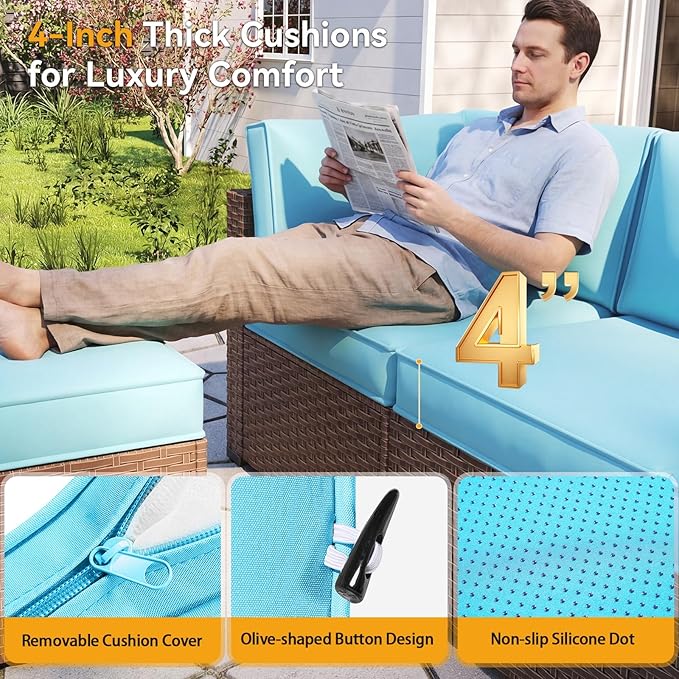 Aoxun Outdoor Replacement Cushions for Patio Furniture, 4'' Water-Repellent Sofa Cushion for 4-Seat Rattan Wicker Sectional, Deep Seats & Fade Resistant (9-Piece, Sky Blue)