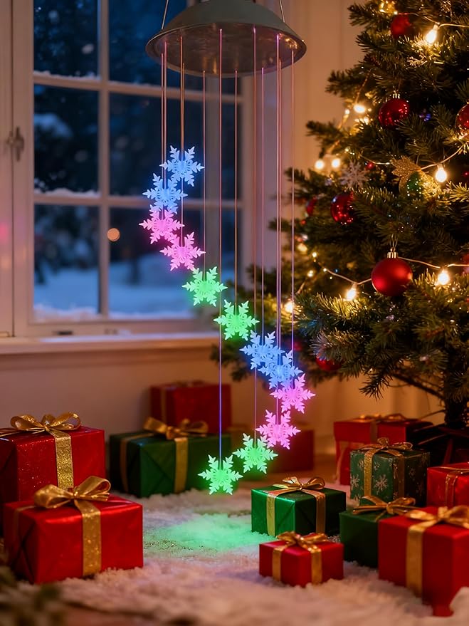 Solar Powered Snowflake Wind Chimes, Color Changing LED Outdoor Decorative Lights, Garden Patio Holiday Hanging Decoration