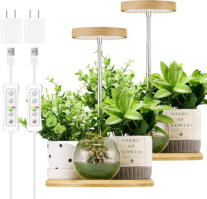 yadoker Plant Grow Light for Indoor Plant,Bamboo Mini LED Grow Light Garden,Height Adjustable,Automatic Timer with 8/12/16 Hours