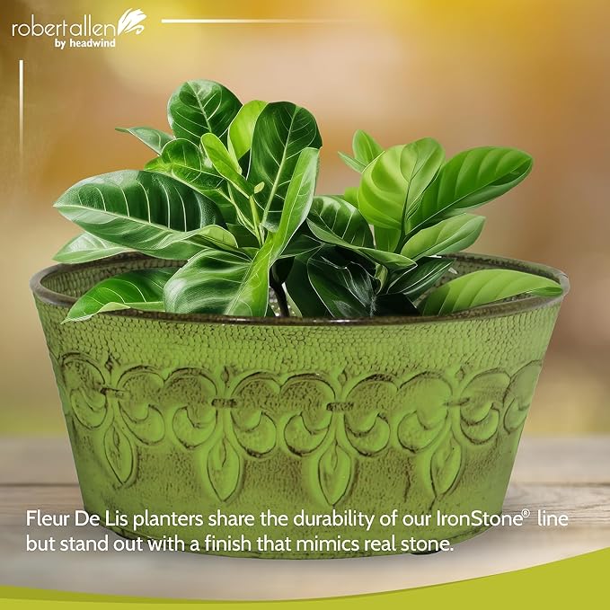 Headwind Ironlite Fleur De Lis Collection – 8" Tansy Green Bowl Decorative Planter with Drain Plug – Lightweight Metal Garden Pots for Indoor & Outdoor Planters Use by Robert Allen
